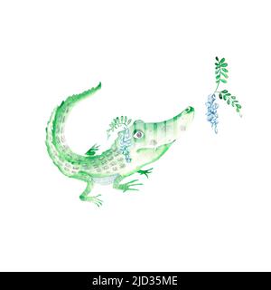 Adorable bébé crocodile et branche d'acacia isolée sur fond blanc. Illustration aquarelle dessinée à la main. Banque D'Images