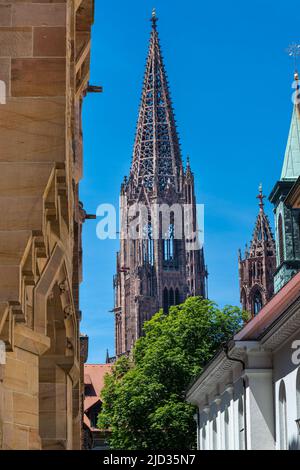 Eglise Spire de Freiburg Minster, Freiburg. Baden Wuerttemberg, Allemagne, Europe Banque D'Images