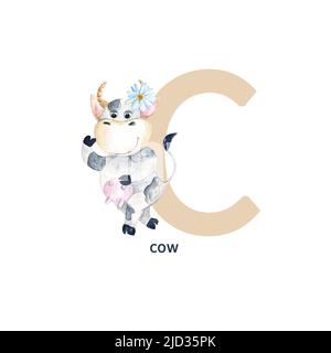 Lettre C, vache, enfants adorables animaux colorés alphabet ABC. Illustration aquarelle isolée sur fond blanc. Banque D'Images