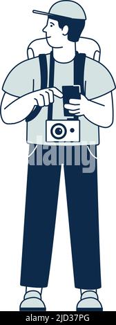 Homme de tourisme avec appareil photo et sac à dos debout Illustration de Vecteur