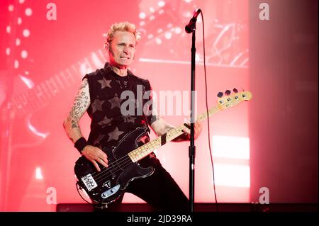 ITALIE, MILAN, JUIN 15th 2022 : Mike Dirnt, bassiste du groupe de rock punk américain, LE JOUR VERT, se préforme sur scène à Ippodromo SNAI la Maura pendant le « I-Days Festival 2022 » Banque D'Images