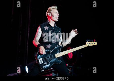 ITALIE, MILAN, JUIN 15th 2022 : Mike Dirnt, bassiste du groupe de rock punk américain, LE JOUR VERT, se préforme sur scène à Ippodromo SNAI la Maura pendant le « I-Days Festival 2022 » Banque D'Images