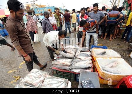 CHITTAGONG, BANGLADESH - JUIN 13 : les acheteurs et les vendeurs sont vus sur le marché de gros du poisson à Fishery Ghat à Chittagong, Bangladesh, un matin Banque D'Images