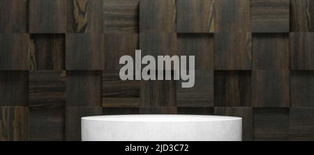 Arrière-plan abstrait, podium de cylinder en béton blanc, support pour objets et distillateurs, rendu 3D. Illustration de fond numérique avec cubes en bois sombre Banque D'Images