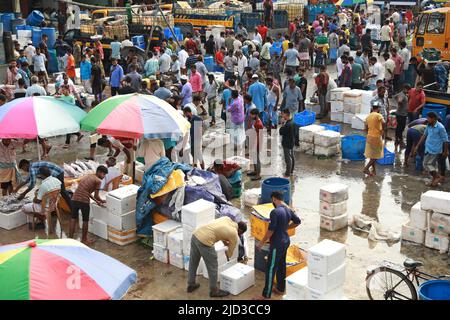 CHITTAGONG, BANGLADESH - JUIN 13 : les acheteurs et les vendeurs sont vus sur le marché de gros du poisson à Fishery Ghat à Chittagong, Bangladesh, un matin Banque D'Images