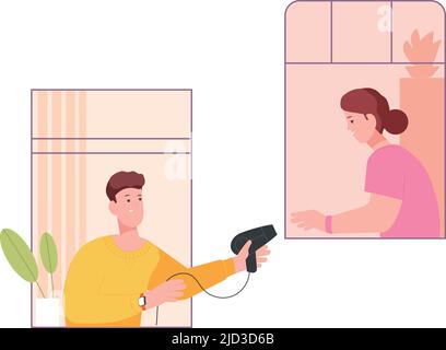 Voisins partageant des choses par le biais de fenêtres. Quartier sympathique isolé sur fond blanc Illustration de Vecteur