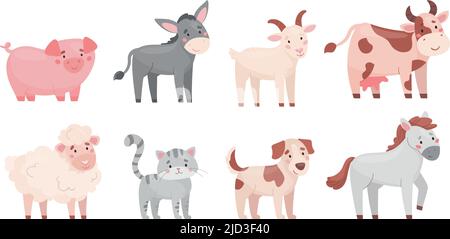 Animaux de ferme mignons de style dessin animé. Collection d'animaux de ferme amusants : vache, mouton, chèvre, âne, cheval, porc, chat, chien. Ensemble d'illustrations vectorielles plates isolées sur fond blanc. Illustration de Vecteur