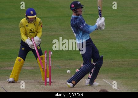 Chester le Street, Royaume-Uni. 8 juin 2022. Finn Allen, batting pour les Vikings du Yorkshire, est animé par Scott Borthwick lors de leur match Blast Vitality au Riverside. Crédit: Colin Edwards crédit: Colin Edwards/Alay Live News Banque D'Images