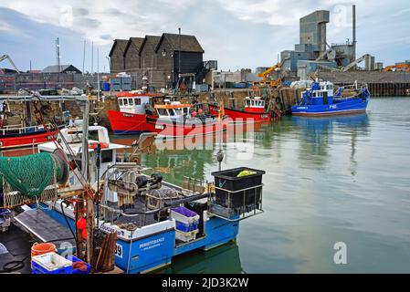 Royaume-Uni, Kent, Whitstable Harbour, Boats, Fishermans huts et Brett Aggregates Ltd Banque D'Images