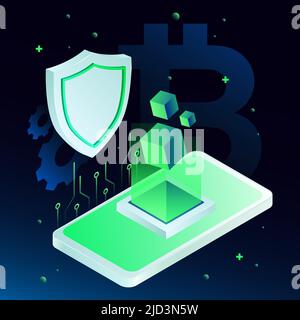 Illustration de la sécurité des crypto-monnaies. Protection Shield et téléphone intelligent Isométrique. Illustration vectorielle Illustration de Vecteur