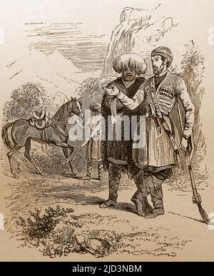 Une gravure de la fin du 19th siècle de résidents masculins de Circassia dans la robe typique de l'époque, Circassia, aussi connu comme Cherkessia, Adıgə Xəku, Adıgey, Adyghe: Адыгэ Хэку, Адыгей, Çerkezistan, et Çerkesya dans diverses cultures, était un pays détruit et dévasté après la guerre russo-circasienne (1763-1864). C'était infâme pour le génocide circasien quand 90% de la population a été massacrée ou exilée. Elle est maintenant reconnue comme une région du Nord Caucase. -- Гравюра конца 19-го века изображением мужчин жителей Черкесии в типичной одежде того времени- Banque D'Images