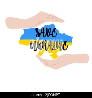 ENREGISTRER l'expression lettrage Ukraine avec la carte ukrainienne. Les mains dessinées à la main embrassent le pays. Symbole d'entretien. Assistance. Illustration de Vecteur