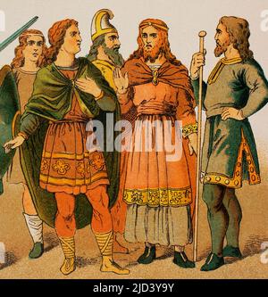 Anglo-Saxons (500-1000). Nobles. Chromolithography. 'Historia Universal' (Histoire universelle), par César Cantú. Volume IV Publié à Barcelone, 1881. Banque D'Images