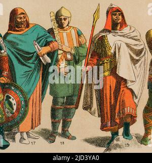 Byzantins (700-1000). De gauche à droite, 17: Costume de l'écrivain. Paenula, 18: Soldat byzantin, 19: Costume de guerrier. Paenula. Chromolithography. 'Historia Universal' (Histoire universelle), par César Cantú. Volume IV Publié à Barcelone, 1881. Banque D'Images