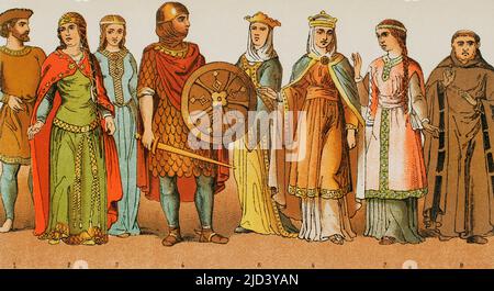 Europe. Début du Moyen âge. 8th-9th siècles. Royaume frankish. Dynastie carolingienne. 1: Noble, 2,3,5,6 et 7: Princesses et nobles dames, 4: Guerrier, 8: Moine bénédictin. Chromolithography. 'Historia Universal' (Histoire universelle), par César Cantú. Volume IV Publié à Barcelone, 1881. Banque D'Images