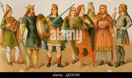 Anglo-Saxons (500-1000). De gauche à droite, 1: Guerrier, 2: Roi (750), 3: Guerrier, 4,5,6,7 et 8: Nobles. Chromolithography. 'Historia Universal' (Histoire universelle), par César Cantú. Volume IV Publié à Barcelone, 1881. Banque D'Images