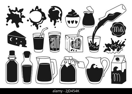 Ensemble de silhouette de nourriture pour lait. Fromage et yaourt de la ferme, boisson en verre, verseuse, bouteille ou carton design de la ligne de conditionnement. Les éclaboussures de lait blanc goutte à goutte. Élément graphique des produits laitiers naturels Illustration de Vecteur