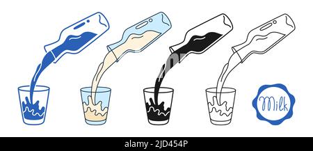 Lait versé dans le verre, jeu de symboles. Boisson de la ferme symbole de la nourriture en verre, conception de l'emballage de la bouteille. Les éclaboussures de lait blanc goutte à goutte. Produit laitier naturel d'icône de nutrition Illustration de Vecteur