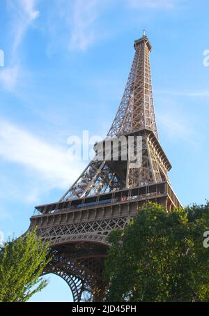 Tour Eiffel vue d'en dessous avec des arbres et le ciel bleu en arrière-plan Banque D'Images