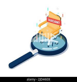 Affiche de siège vide Isométrique plate 3D avec chaise de bureau vide sur la loupe. Concept de recrutement d'entreprise et de poste vacant. Illustration de Vecteur