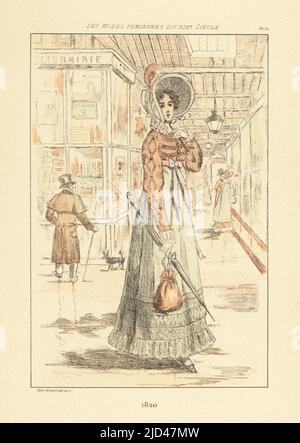 Une femme à la mode qui fait ses courses dans l'arcade du Palais Royal, Paris, 1820. Elle porte un bonnet à large bord, une veste spencer, un juptiat avec des flounces, et tient un parasol et un sac à cordon ou un ridicule. Gravure en pointe-seche ou à pointe-séche de couleur main par Henri Boutet des modes Feminines du XIXème siècle Siecle (Fashions féminines du 19th siècle), Ernest Flammarion, Paris, 1902. Boutet (1851-1919) est un artiste, graveur, lithographe et designer français. Banque D'Images