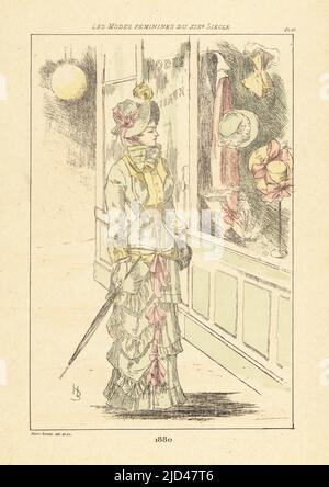 Une femme à la mode qui fait du lèche-vitrine à l'extérieur d'une boutique de vêtements et de chapeaux, Paris, 1880. Gravure en pointe-seche ou à pointe-séche de couleur main par Henri Boutet des modes Feminines du XIXème siècle Siecle (Fashions féminines du 19th siècle), Ernest Flammarion, Paris, 1902. Boutet (1851-1919) est un artiste, graveur, lithographe et designer français. Banque D'Images