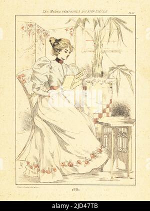 Femme à la mode lisant le roman de Jules Claretie, Monsieur le Ministre, Paris, 1881. Dans une salle avec écran rabattable, usine de pot et table. Gravure en pointe-seche ou à pointe-séche de couleur main par Henri Boutet des modes Feminines du XIXème siècle Siecle (Fashions féminines du 19th siècle), Ernest Flammarion, Paris, 1902. Boutet (1851-1919) est un artiste, graveur, lithographe et designer français. Banque D'Images