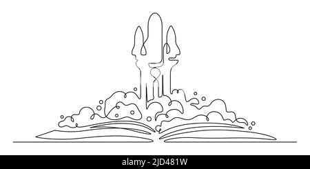 Un dessin de ligne de vaisseau spatial de fusée et de remise de diplômes de livre pour le rêve, l'imagination, la créativité conceptuelle. Illustration vectorielle de dessin au trait continu Illustration de Vecteur