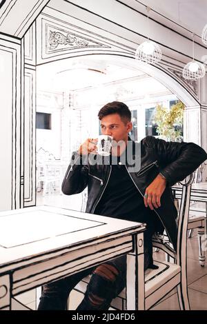 Jeune homme en cuir noir blouson boire du café dans 2D blanc café monochrome Banque D'Images