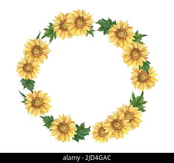 Couronne de tournesol aquarelle. Cadre à motif fleuri d'automne. Illustration d'automne aquarelle dessinée à la main. Éléments décoratifs. Banque D'Images