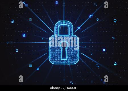 Concept de protection des données et de l'information avec signe de verrou lumineux numérique sur un arrière-plan sombre de la technologie abstraite. 3D rendu Banque D'Images