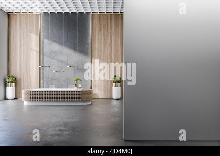 Mur gris blanc à l'entrée du hall du centre d'affaires moderne avec table de réception, mur en bois décoré, sol en béton et élégant blanc et Banque D'Images