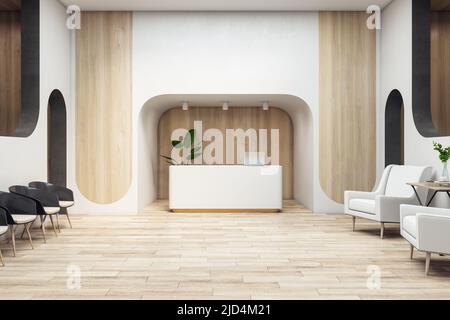 Salle d'attente de style écologique dans un bureau spacieux avec parquet et décoration murale, table de réception blanche avec ordinateur portable, fauteuils blancs et tables noires. Banque D'Images