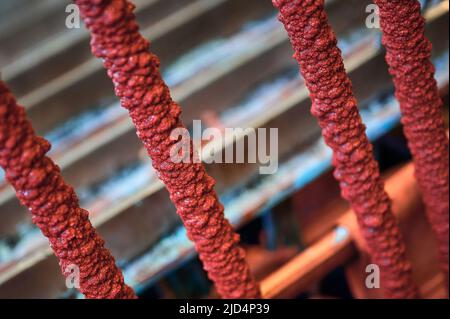 Prolifération de poudre de cuivre rouge sur de longues tiges de cathode en métal Banque D'Images