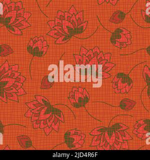 Motif vectoriel sans couture avec fleur de lotus sur fond orange. Papier peint à motif fleuri texturé. Textile de mode à fleurs roses. Illustration de Vecteur