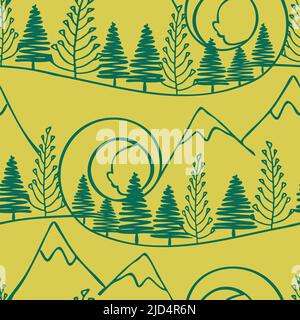 Motif vectoriel transparent avec dessin au trait de forêt sur fond jaune. Papier peint de paysage artistique. Textile de mode simple de silhouette de montagne. Illustration de Vecteur