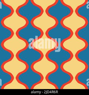 Motif vectoriel sans couture avec lignes courbes sur fond bleu. Papier peint abstrait rétro aux couleurs contrastées. Illustration de Vecteur