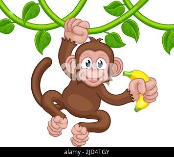 Monkey chantant sur Jungle Vines avec Banana Cartoon Illustration de Vecteur