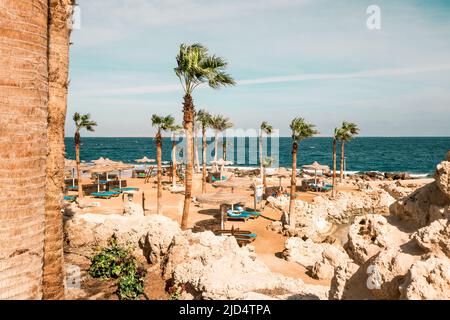 Vue sur l'océan de la station vide à Hurghada Egypte avec chaises longues sur la plage et palmiers Banque D'Images