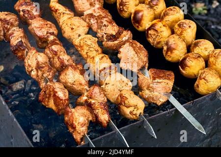 Délicieux morceau de viande et de pomme de terre frits au feu lors d'un pique-nique. Banque D'Images