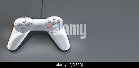 Concept de divertissement avec joystick de jeu argent moderne sur fond gris avec espace vide pour votre logo. 3D rendu, maquette Banque D'Images