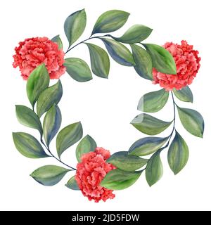 Couronne d'aquarelle décorative avec œillets. Grands boutons de carnation rouges. Grandes feuilles vertes. Logo floral, carte postale. Banque D'Images