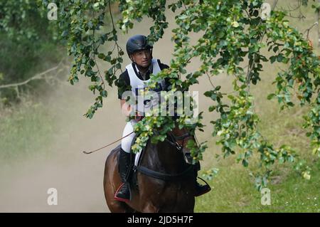 18 juin 2022, Basse-Saxe, Luhmühlen: Sports équestres/Evesting: Championnat allemand, cross-country, Messmer Trophée CCI4* test, à Luhmühlen. Michael Jung, pilote de l'événement allemand, fait le tour de Highlighter dans la compétition de cross-country. Le trois fois champion olympique Jung a conservé son avance du dressage après le cross-country. Photo: Marcus Brandt/dpa Banque D'Images