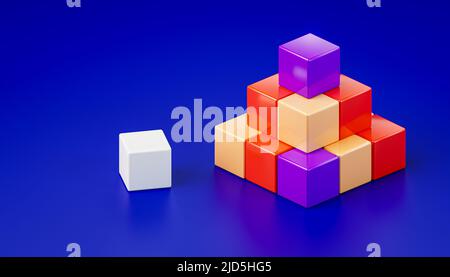 Cubes de couleur alignés dans un rouge pyramidal, jaune et lilas et séparément blanc Banque D'Images