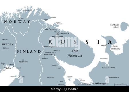 Oblast de Mourmansk, péninsule de Kola, carte politique grise. Sujet fédéral de la Russie, une partie de la Laponie, bordant la Norvège et la Finlande. Banque D'Images