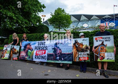 Ascot, Royaume-Uni. 18th juin 2022. Activistes des droits des animaux de l'association caritative végétalienne Viva! Assistez à une vigile devant Royal Ascot. Vive ! fait campagne pour sensibiliser le public au nombre de décès de chevaux dus à des courses de chevaux. Selon Animal Aid, il y a eu 2 457 morts de course depuis le 13th mars 2007, dont 42 à Ascot, y compris Star Safari, suite à des blessures de fetlock le jour 1 de Royal Ascot 2022. Crédit : Mark Kerrison/Alamy Live News Banque D'Images