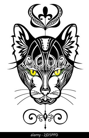 Chat avec des yeux lumineux. Fond parfait pour Halloween, art tatouage, design boho, occulte. Idéal pour l'impression, les affiches, les tee-shirts, les textiles. Illustration de Vecteur