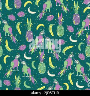 Motif vectoriel sans couture avec perroquets et fruits exotiques. Design éclatant avec ara, ananas, bananes et fruits-dragon dessinés à la main. Illustration de Vecteur