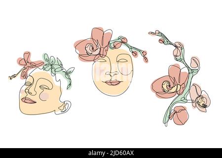 Ensemble d'une seule ligne de dessins de visages de fille avec des fleurs et des formes neutres pastel Illustration de Vecteur