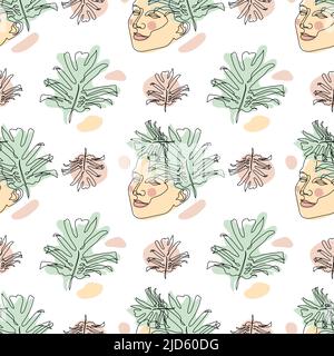 Motif sans couture avec des dessins à une seule ligne de la face femelle et des feuilles de monstère et des formes abstraites Illustration de Vecteur